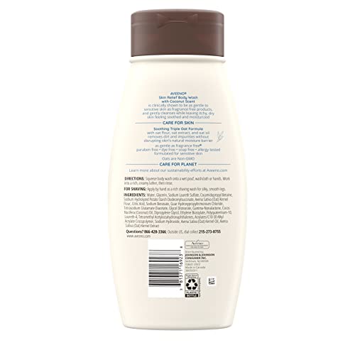 Aveeno Skin Relief Body Wash with a Gentle Coconut Scent & Soothing Triple Oat, Cleanser for Sensitive Skin Leaves Itchy, Dry Skin Soothed & Feeling Moisturized, Sulfate-Free, 18 fl. oz