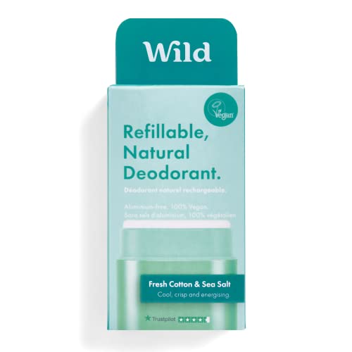 Wild - Natural Refillable Deodorant - Vegan & Eco-Friendly - Aluminum Free - Long Lasting Protection - 100% Natural Ingredients - Starter Kit - Aqua Case, Fresh Cotton & Sea Salt Refill - 1.4oz