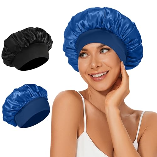 2Pcs Satin Bonnet Silk Bonnet, Hair Bonnet for Sleeping, Elastic Wide Band Silk Sleep Cap, Soft and Breathable(Black Leopard)