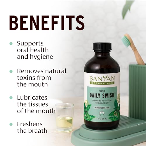 Banyan Botanicals Mint Daily Swish – Organic Ayurvedic Pulling Oil with Coconut Oil – Mouthwash for Fresh Breath and Sparkling Oral Health* – 24 oz – Non GMO Sustainably Sourced Vegan
