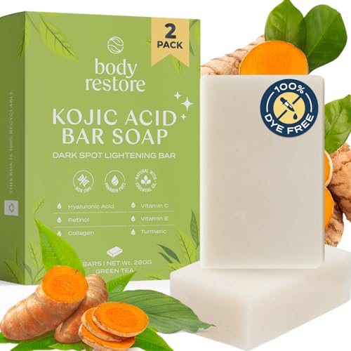 Body Restore Kojic Acid Soap, (Green Tea 2 Pack), with Vitamin C,E, Shea Butter, Collagen, Hyaluronic Acid, Turmeric, Retinol For Dark Spots, All Natural Soap Bar, Paraben Free