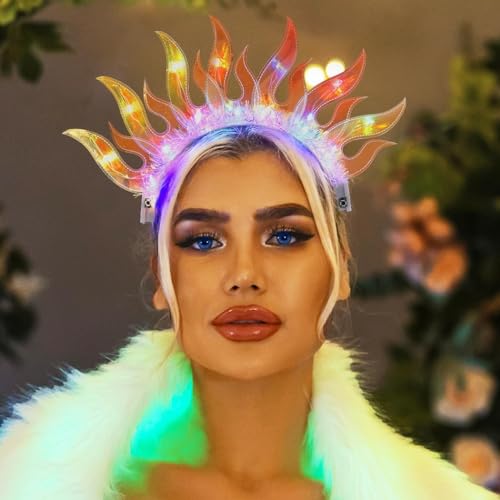 ACEDRE Light Up Flame Headband LED Glowing Hair Band Sparkly Rave Party Costume Hair Accessories for Women(Colorful Light)