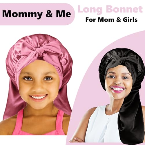 2 Pcs Long Kids Bonnets for Girls,Silky Satin Bonnet for Sleeping Kids, Bonnet for Kids Braids,Long Hair