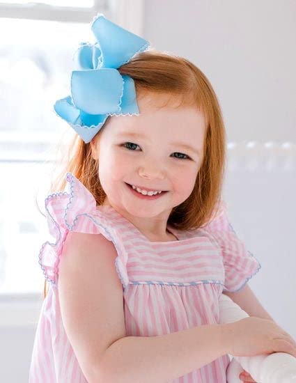 Wee Ones Girls' Grosgrain Hair Bow with Contrasting Moonstitch Edge and Wrap on a WeeStay Hair Clip, King, White with Red