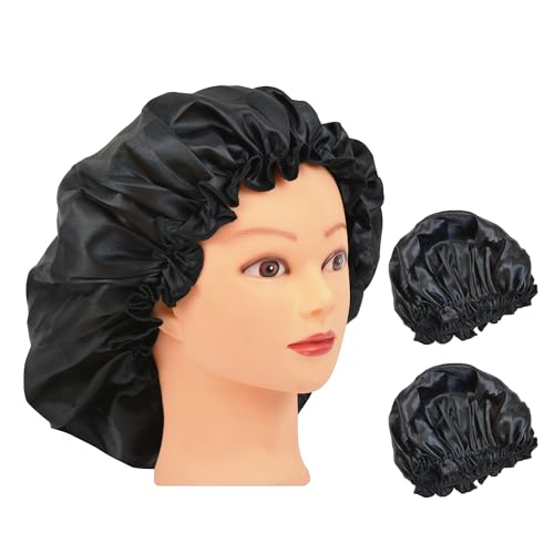 2 Pcs Satin Bonnets Silk Bonnet for Sleeping Hair Bonnet Satin Sleep Cap Shower Cap for Women (Black)
