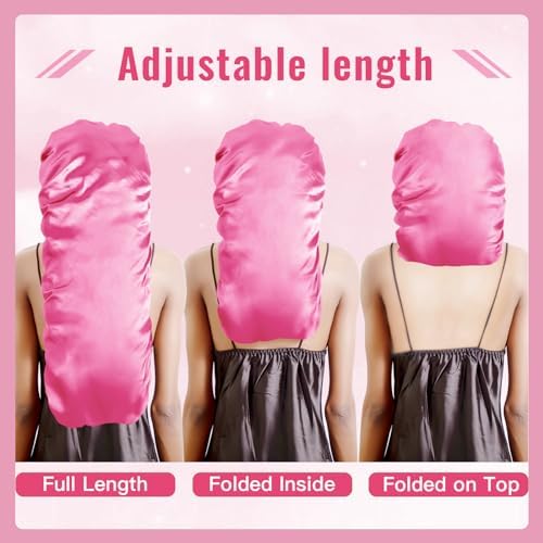 BONNET QUEEN Braid Bonnet Silk Bonnet Foldable Extra Long Bonnet for Braids Satin Bonnet for Sleeping Hair Bonnet with Tie Band Long Sleep Cap Hot Pink