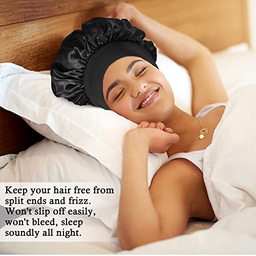 2Pcs Satin Bonnet Silk Bonnet, Hair Bonnet for Sleeping, Elastic Wide Band Silk Sleep Cap, Soft and Breathable(Black Leopard)