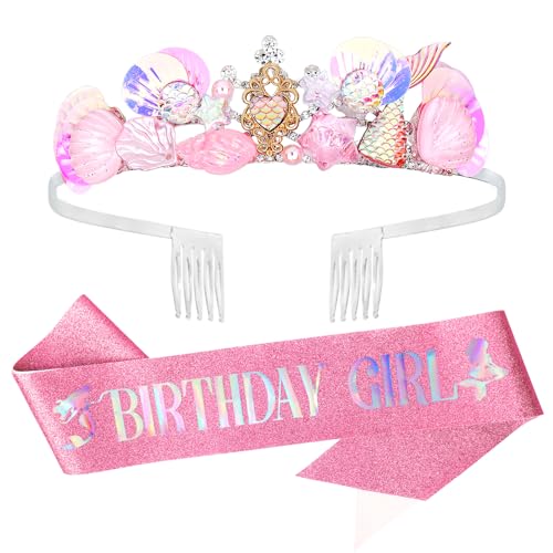 YARIEW Mermaid Crown and Birthday Sash Mermaid Birthday Decorations Mermaid Birthday Party Decorations Birthday Sash for Women Birthday Crown Tiara for Women Halloween Costume Gifts