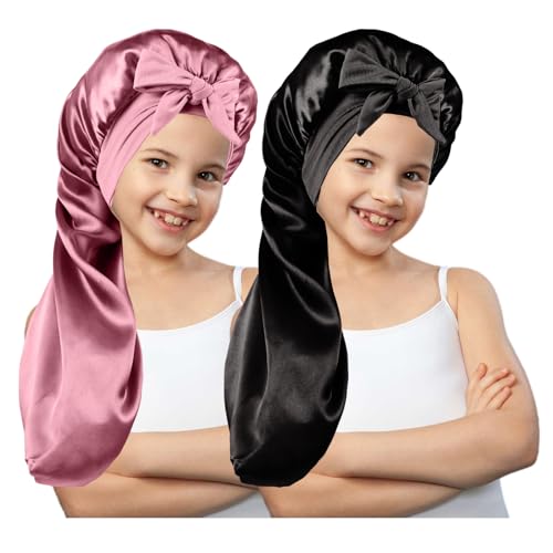2 Pcs Long Kids Bonnets for Girls,Silky Satin Bonnet for Sleeping Kids, Bonnet for Kids Braids,Long Hair