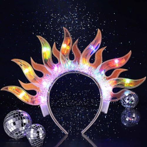 ACEDRE Light Up Flame Headband LED Glowing Hair Band Sparkly Rave Party Costume Hair Accessories for Women(Colorful Light)