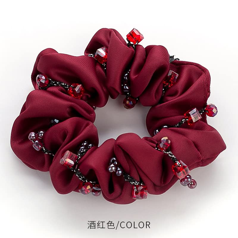 2 Pack Elegant Bling Boho Crystal Beads Hair Ties Hair Ropes String Of Beads Hair Scrunchies Elastics Ponytail Holders Hair Wrist Ties Bands Bracelets Hair Jewelry Hair Accessory for Show Gym Dance Party Gift for Girl Women (Wine Red)