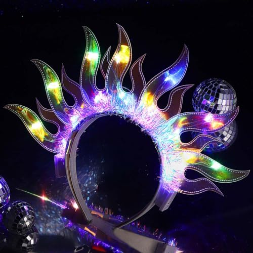 ACEDRE Light Up Flame Headband LED Glowing Hair Band Sparkly Rave Party Costume Hair Accessories for Women(Colorful Light)