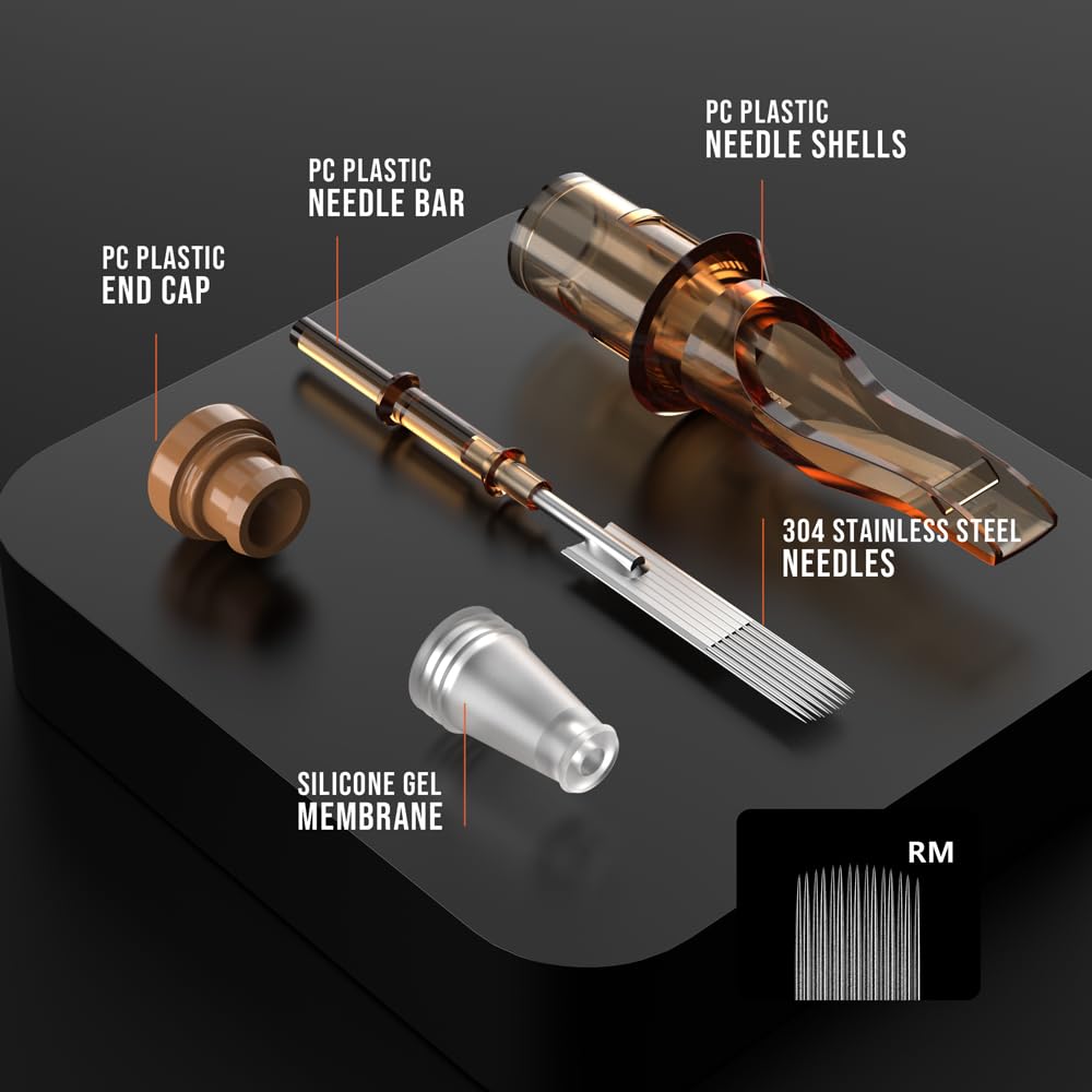 RHEIN Tattoo Cartridge Needles 20pcs 7RM #12 Standard 7 Round Magnum Needle Diameter 0.35mm, 3.5mm M-Taper for Tattoo Artists & Beginners Open Tips EN02-20-OF1207RM