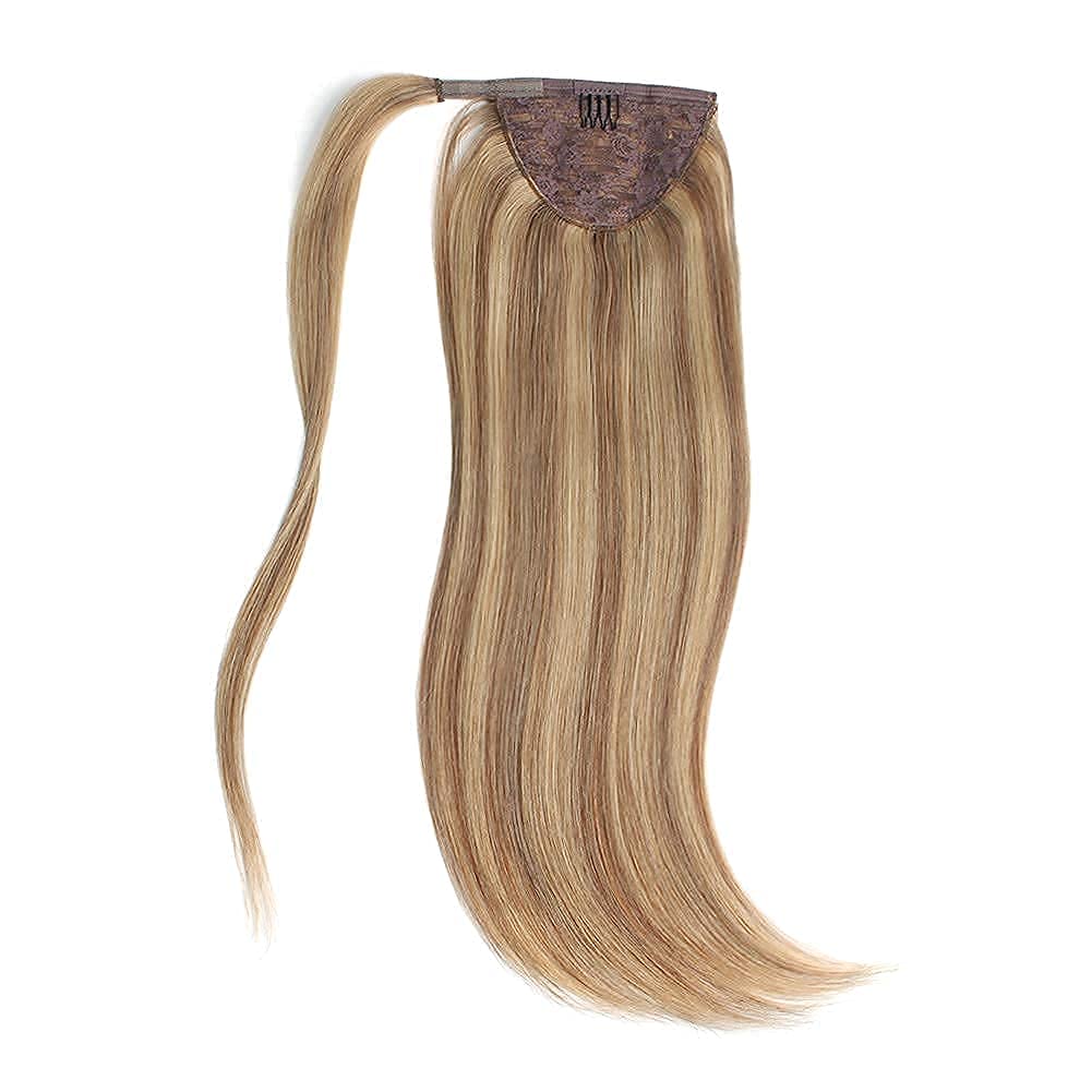 ABH AMAZINGBEAUTY HAIR High Ponytail Extension for Women, Remy Human Hair, Wrap in Easy to Use, Chestnut Brown with Dirty Blonde Highlights P6-12 Color, 80 Gram,16 Inch