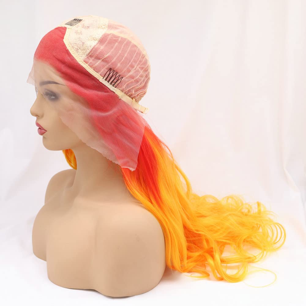 Yinuozhogntian 24" Bright Red Orange Ombre Color Wig Heat Resistant Synthetic Lace Front Wigs for Women Flame Red Female Cosplay Party Wigs Drag Queen