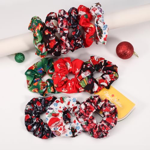 12 Pack Christmas Hair Scrunchies for Women Girls Teens Hair Ties Ropes Santa Claus Snowman Elk Bell Christmas Hat Snowflake Plaid Hair Accessories Gifts