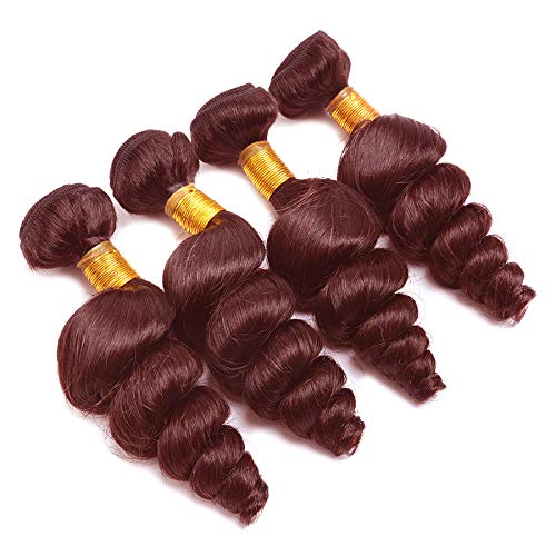 99J Burgundy Loose Deep Wave Human Hair Wefts 3 Bundles With 4x4 Lace Closure Brazilian Hair Extentions Red Wine Color Free Part 4x4 Hand tied Lace Closure (10"12"14"+10"closure, Burgundy/99J)