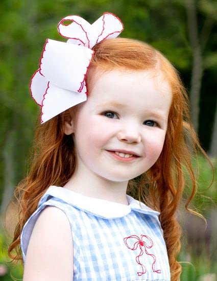Wee Ones Girls' Grosgrain Hair Bow with Contrasting Moonstitch Edge and Wrap on a WeeStay Hair Clip, King, White with Red