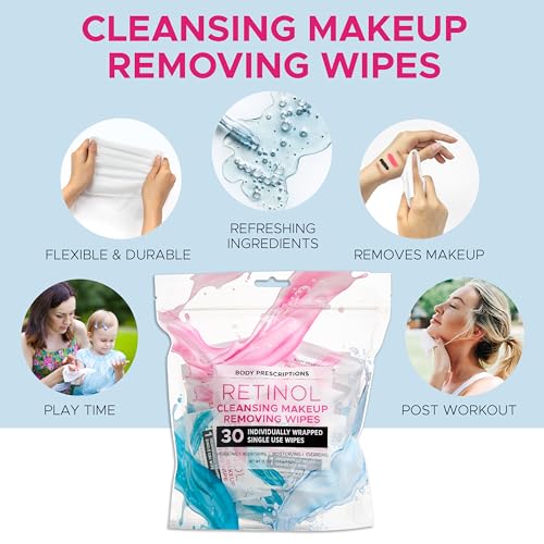Body Prescription Makeup Cleansing Wipes - Gentle and Effective Face Wipes, 30 Count Individually Wrapped (Pack of 1), Retinol Makeup Wipes