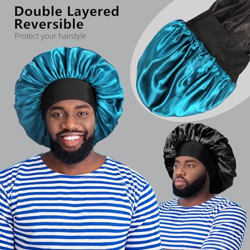 2pcs Bonnets for Men, Double Layer Hair Bonnet Satin Bonnet for Women Curly Hair Braids, A