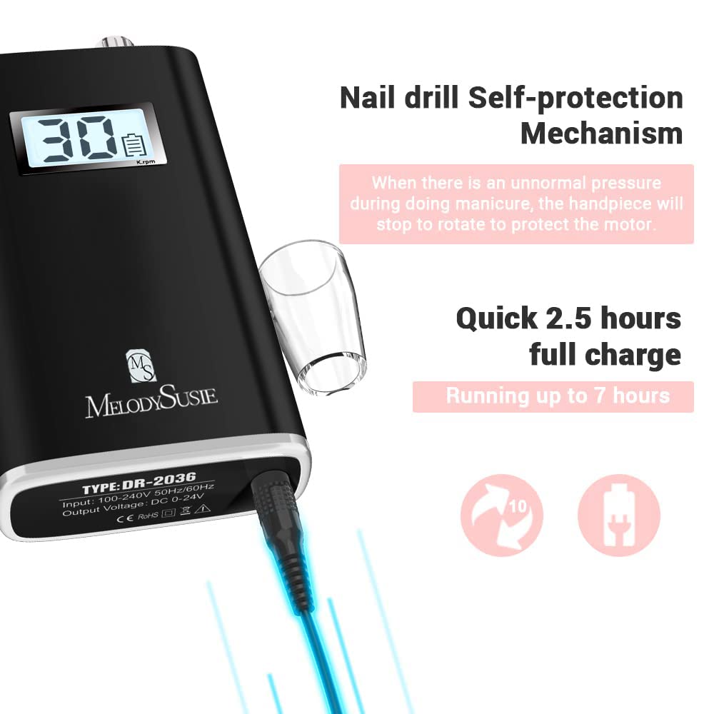 MelodySusie Professional Rechargeable 30000 RPM Nail Drill, Portable E-File with Long Life Battery, Electric Tool for Acrylic Nail Natural Polygel, High Speed, Low Heat with 300Pcs Sanding Bands