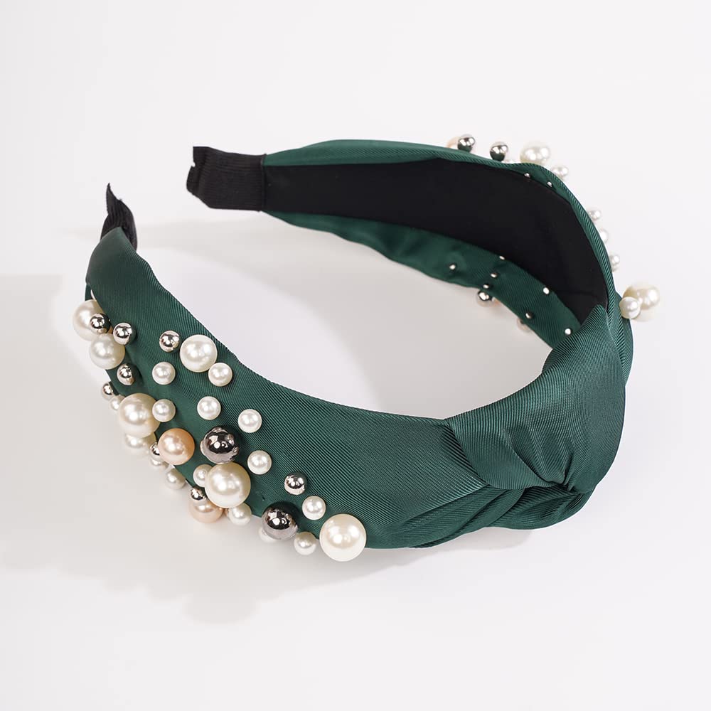 Wiwpar Pearl Knotted Headbands for Women Fashion Wide Pearl Bead Headband Head Bands Boho Hair Accessories (Green)