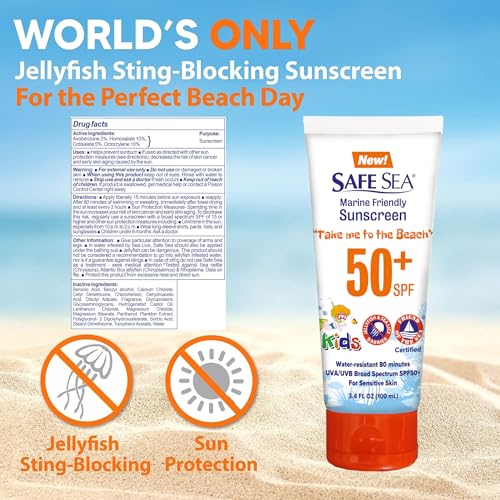 Safe Sea SPF50+ Kids Sunscreen | Travel Size 3.4 oz. | For sensitive skin | anti-jellyfish and Sea Lice sting protective lotion | Coral reef safe sunscreen