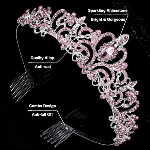 Tiara Crowns for Women,Princess Crown for Girls Crystal Queen Tiaras for Birthday Christmas Costume Bride Wedding Prom-Pink