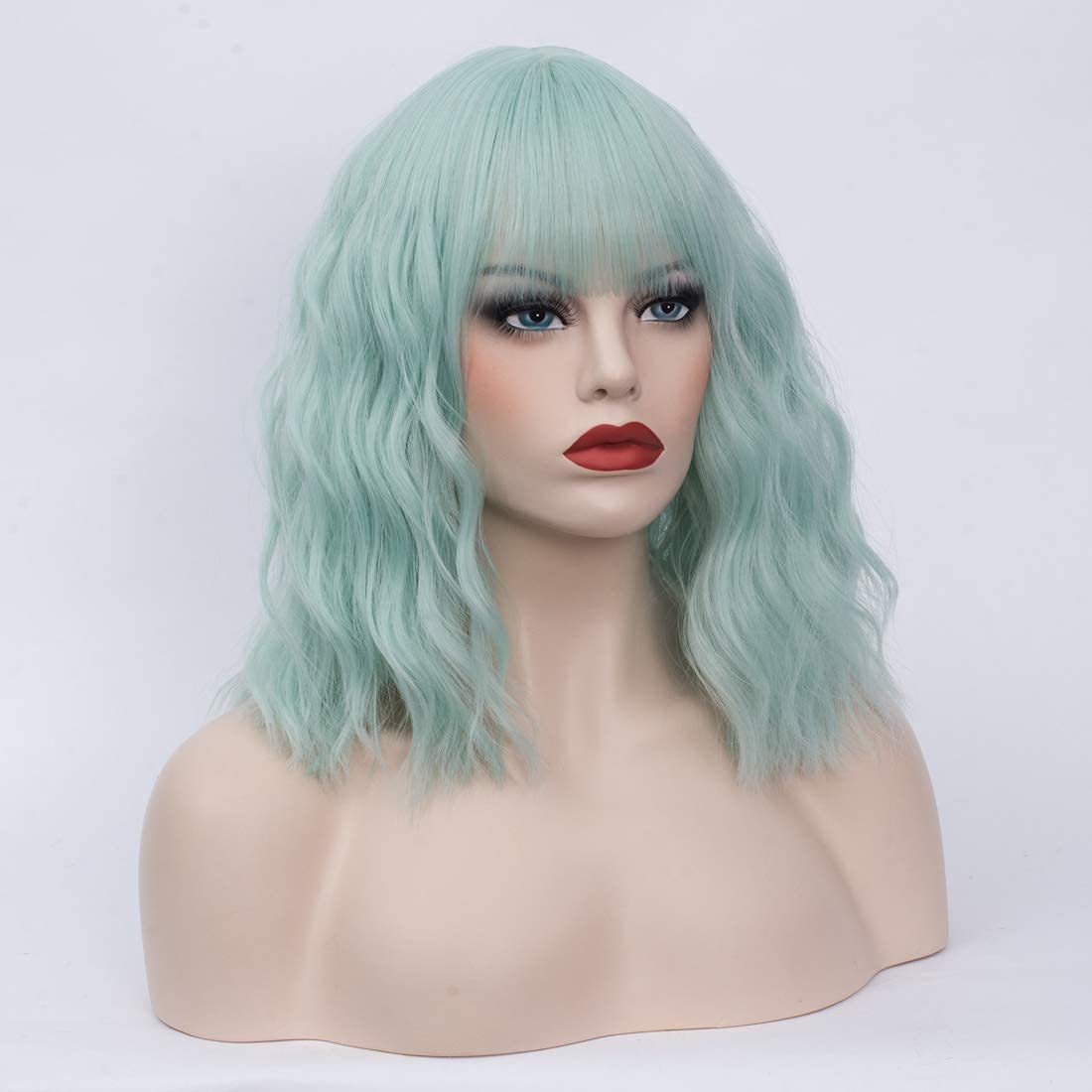 WGPFWIG Women's Mint Green Wig Short Curly Wavy Wig Shoulder Length Flat Bangs Wig For Women Girl Cosplay Party Halloween Wig Cap Included (Mint Green-20)