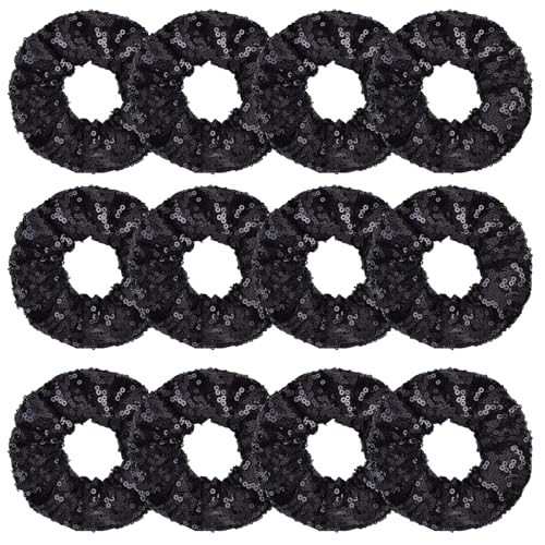 12 Pcs Sparkle Sequins Scrunchies Cheer Hair Scrunchies For Thick Hair School Performance Scrunchy Sports Ponytail Holder Wrist for Girls Cosplay Show (Black)