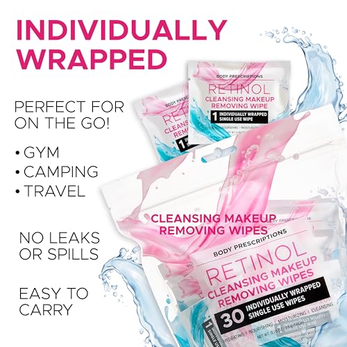 Body Prescription Makeup Cleansing Wipes - Gentle and Effective Face Wipes, 30 Count Individually Wrapped (Pack of 1), Retinol Makeup Wipes