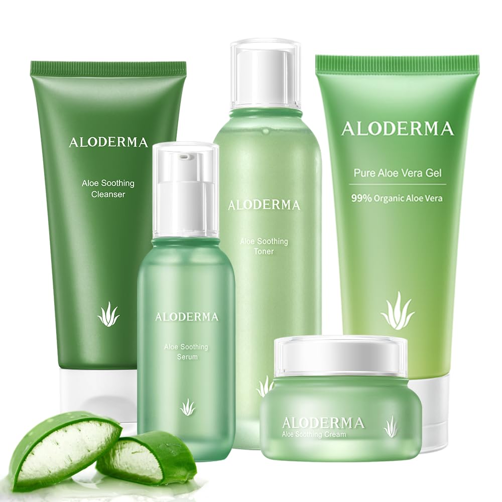 Aloderma Signature Aloe Soothing & Repairing Set - 5 Pieces - Gel, Cleanser, Toner, Serum, Cream