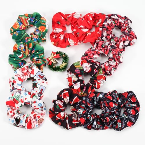 12 Pack Christmas Hair Scrunchies for Women Girls Teens Hair Ties Ropes Santa Claus Snowman Elk Bell Christmas Hat Snowflake Plaid Hair Accessories Gifts