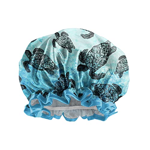 WIRESTER Elastic Reusable Bathing Hair Cap, Waterproof Shower Cap, Fashion Bath Cap for Women Girls - Blue Ocean Sea Turtles