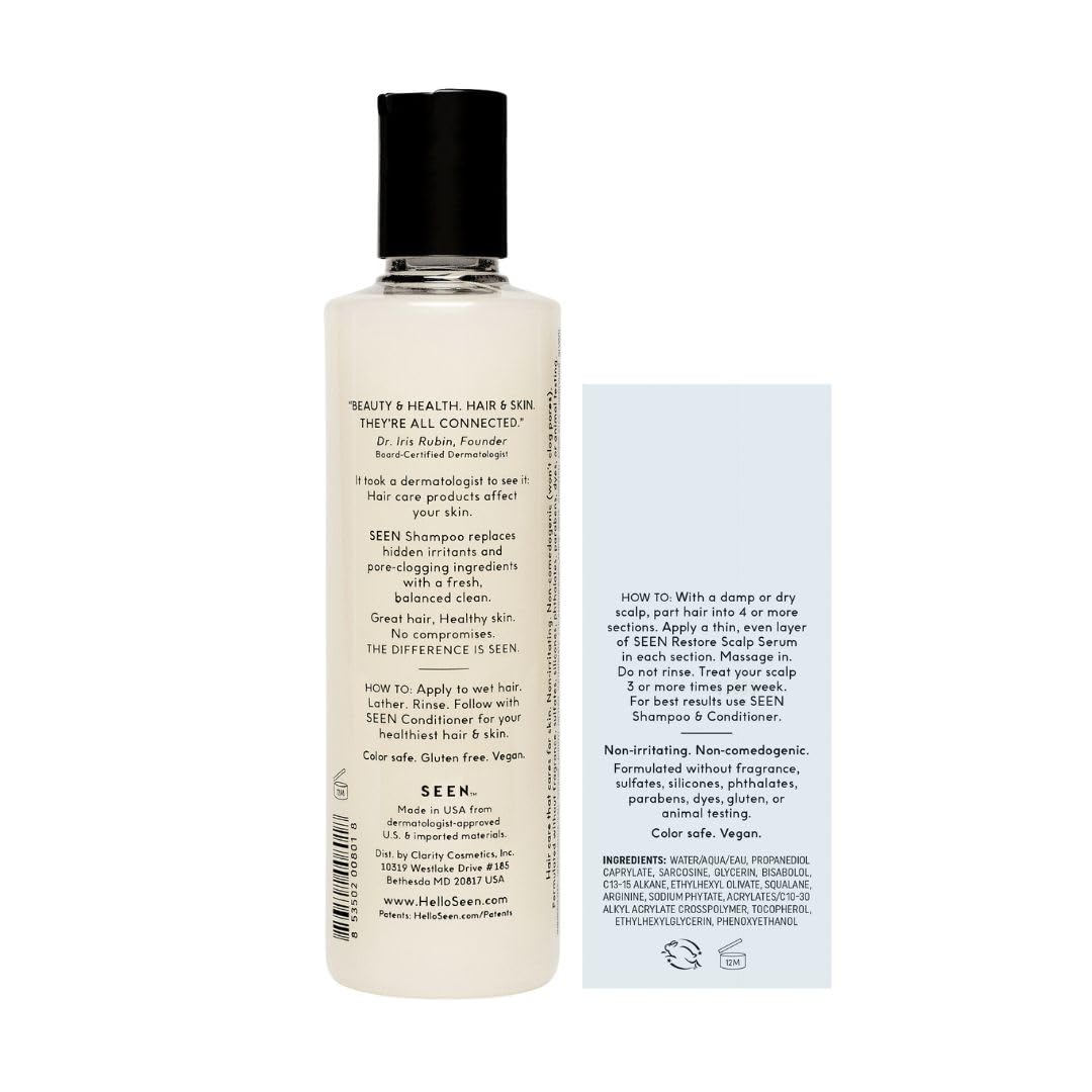 SEEN Shampoo, Fragrance-Free & Restore Scalp Serum - Dermatologist Developed - Non-Comedogenic & Sulfate-Free Hair Shampoo & Scalp Serum - Safe for Sensitive, Eczema Prone Skin