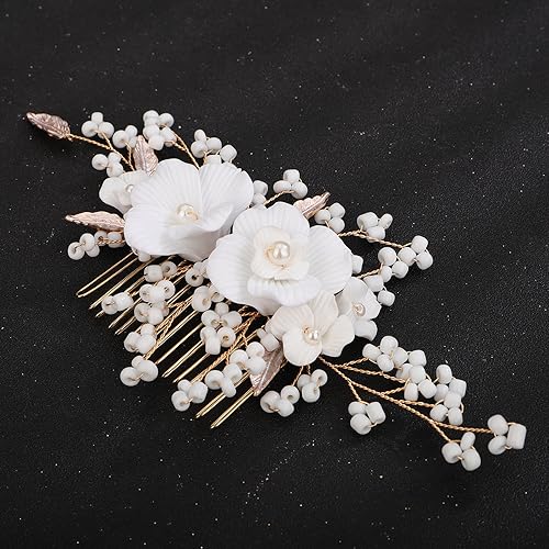 Teyglen Flower Bride Wedding Hair Comb Bridal Leaf Pearl Beads Hair Piece Bridal Gold Silver Flower Headpiece Floral Hair Accessories for Women Flower Girls (Gold)