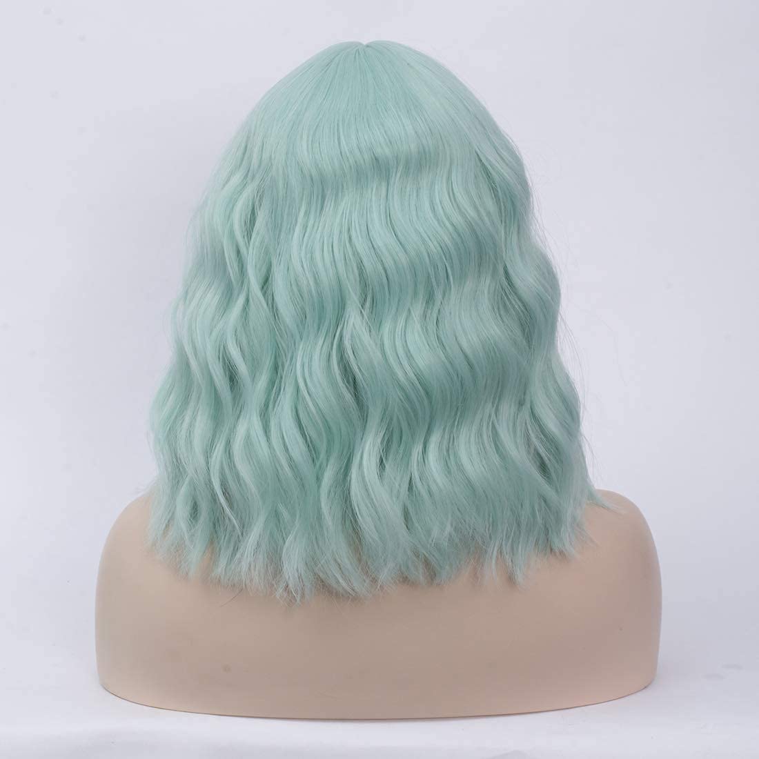 WGPFWIG Women's Mint Green Wig Short Curly Wavy Wig Shoulder Length Flat Bangs Wig For Women Girl Cosplay Party Halloween Wig Cap Included (Mint Green-20)