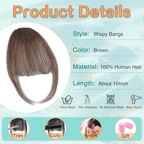 Wirctp Bangs Hair Clip in Bangs 100% Real Human Hair Extensions For Women French Bangs Fringe with Temples Clip On Hairpieces Fake Bangs For Daily Wear(Brown)