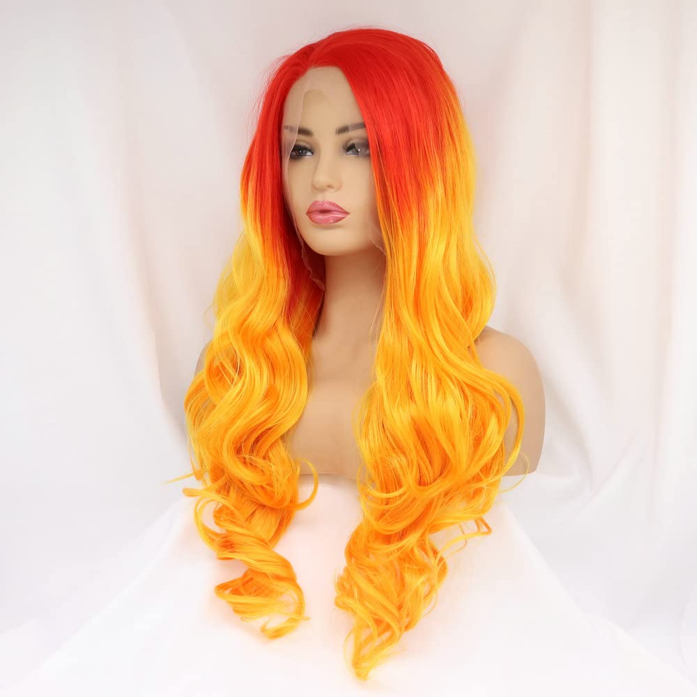 Yinuozhogntian 24" Bright Red Orange Ombre Color Wig Heat Resistant Synthetic Lace Front Wigs for Women Flame Red Female Cosplay Party Wigs Drag Queen