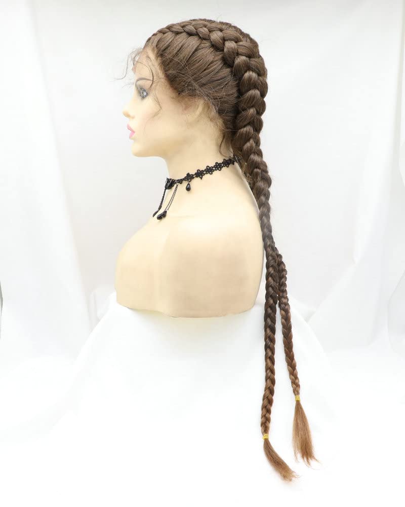 1B/30 Mixed Brown Blonde Double Braided Wigs with Baby Hair Ombre Brown Synthetic Lace Front Wigs for Women Long Synthetic Lace Frontal Large Dutch Box Braided Wigs Daily Cosplay Party Use