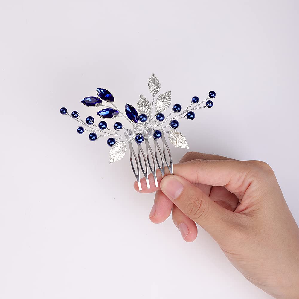 YERTTER Wedding Bridal Hair Comb decorative Rhinestone Bride Crystal Leaf Beads Comb Crystal Silver Handmade Updo Comb Clip Head Pieces for Women Flower Girls (Blue)
