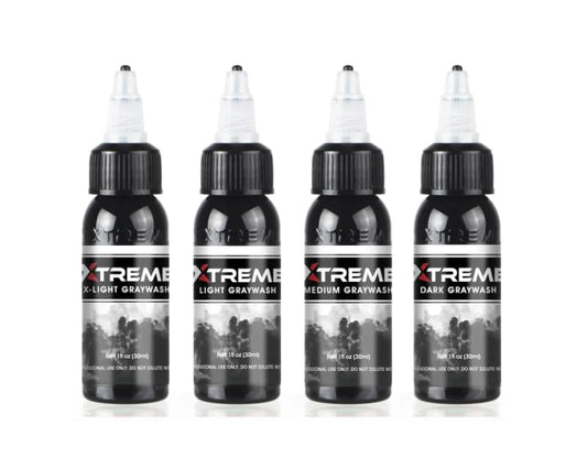 Xtreme Ink Greywash Set, Unleash Artistry with Subtle Shades, Extra Light, Light, Medium, and Dark Graywash, Ethical, Sterilized, and Ready-to-Use Tattoo Pigment Dispersion (Set of 4, 4 oz)