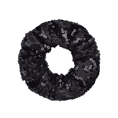 12 Pcs Sparkle Sequins Scrunchies Cheer Hair Scrunchies For Thick Hair School Performance Scrunchy Sports Ponytail Holder Wrist for Girls Cosplay Show (Black)