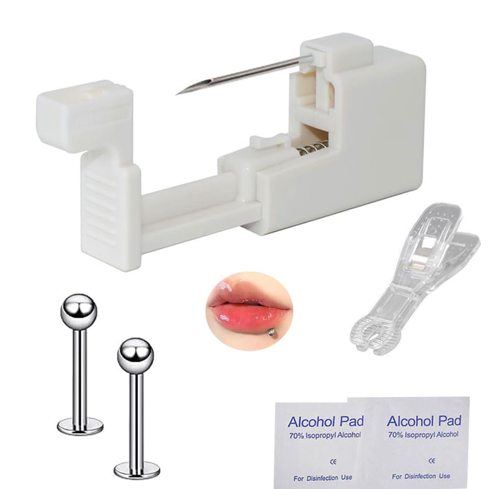 AM RONG MAGIC Self Lip Piercing Gun Kits,Professional Body Piercing Kit for Lip/Navel/Tongue/Ear/Nose/Belly Button, Safe Piercing Gun Kits, Body Piercing Tool Kits (white-lip piercing kit)