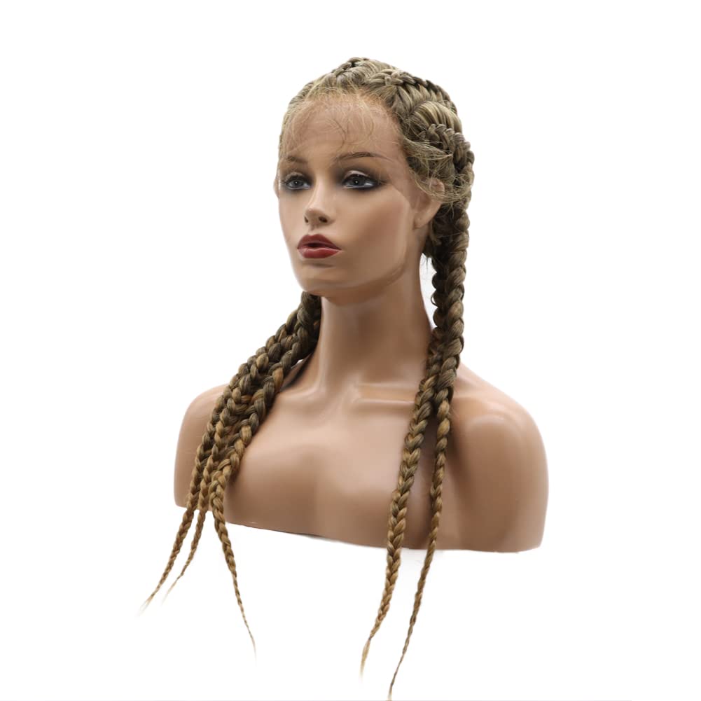 Kalisa Brown Mix Blonde 5 Twist Lace Front Braid Wig Mix Color with Baby Hair Synthetic Wigs Hand Tied Heat Resistant Fiber 5 Braided Daily Wigs for Women 24 Inch