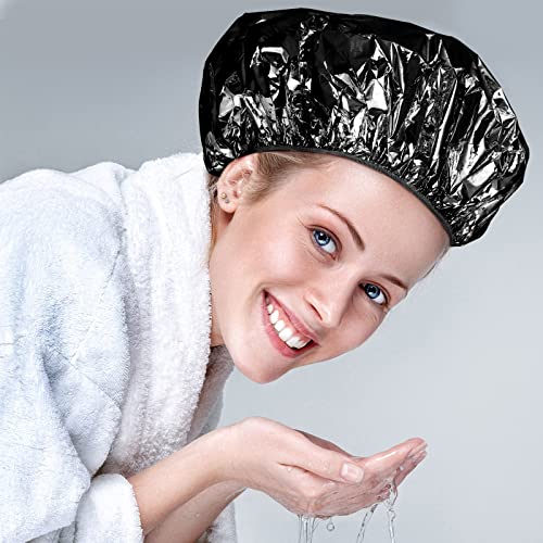 12 Pieces Deep Conditioning Caps Aluminum Foil Reusable Hair Processing Caps Hair Coloring Shower Caps for Home Salon Use (Black, 12 Inch)