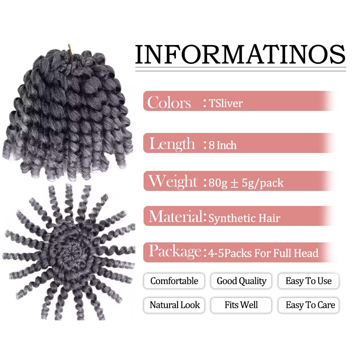 Wand Curl Crochet Braids Hair 8 Inch 5packs Jamaican Bounce Crochet Hair TSlive Wand Curl Colored Crochet Braids 80g/pcs Ringlet Twist Hair Extension Crochet Hair (5pcs,TSliver)