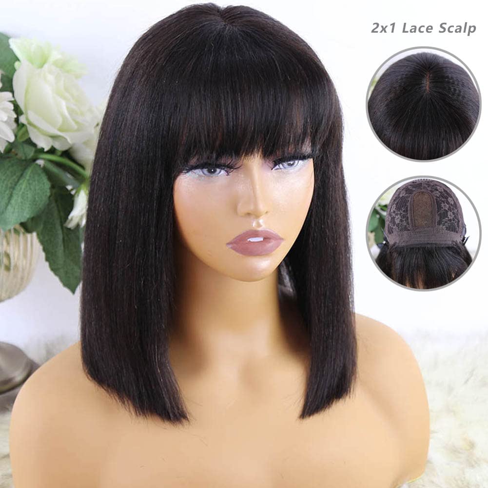 Y WIGS Yaki Straight Human Hair Wig with Bangs Glueless Short Bob Wig Human Hair 2x1 Lace Bob Wig with Bangs 12" 150% Density NC