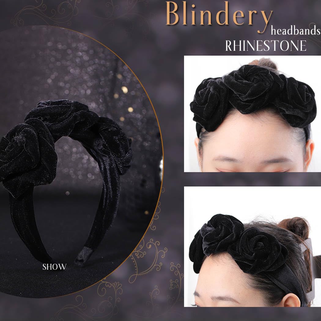 Blindery Elegant Headband Flower Headbands Velvet Hair Bands Rose Flower Hairband for Women and Girls (black)