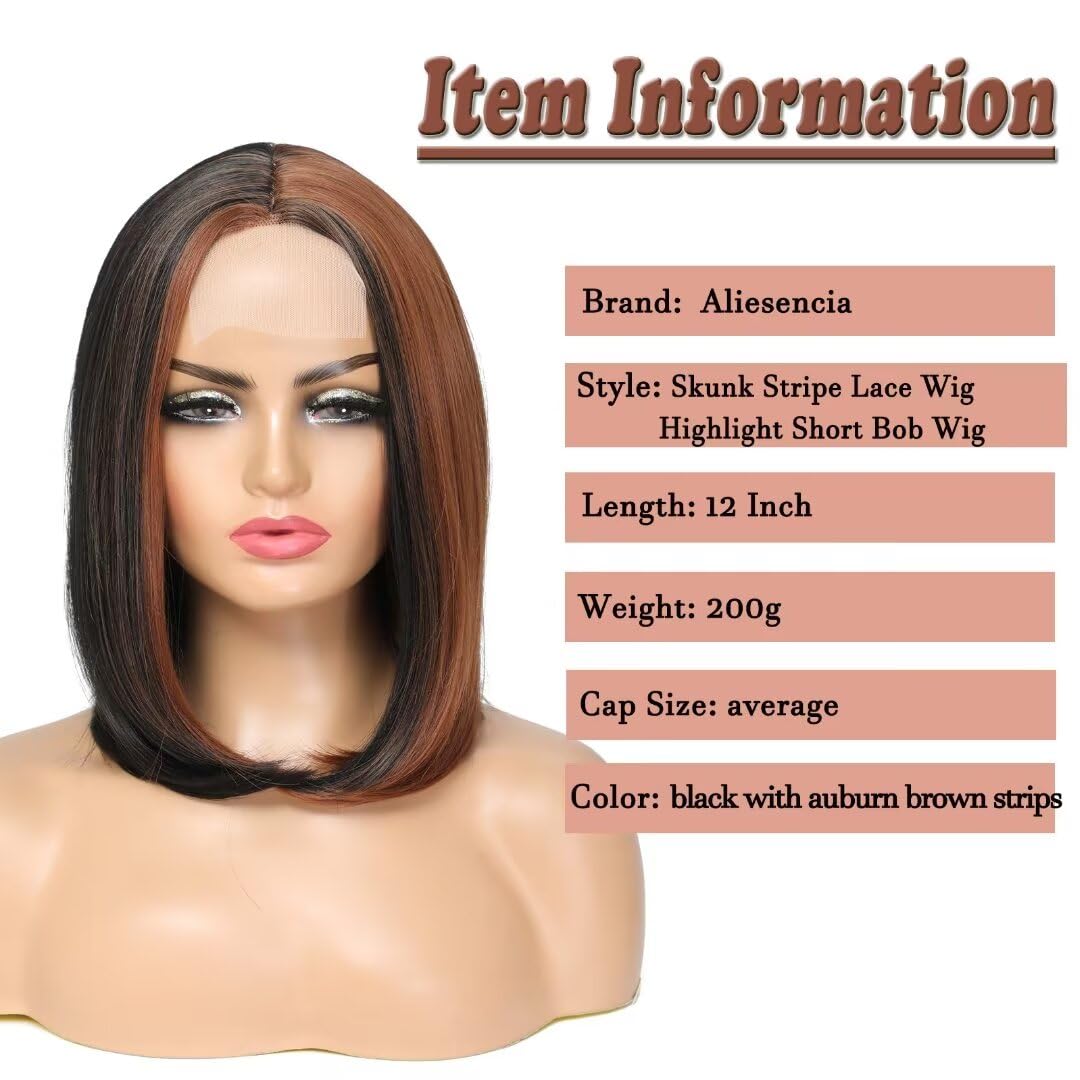 Aliesencia Highlight Bob Wig Short for Black Women Straight Synthetic Lace Wigs Natural Looking Heat Resistant Synthetic Hair Women's Wig(Black With Auburn Brown Strips)